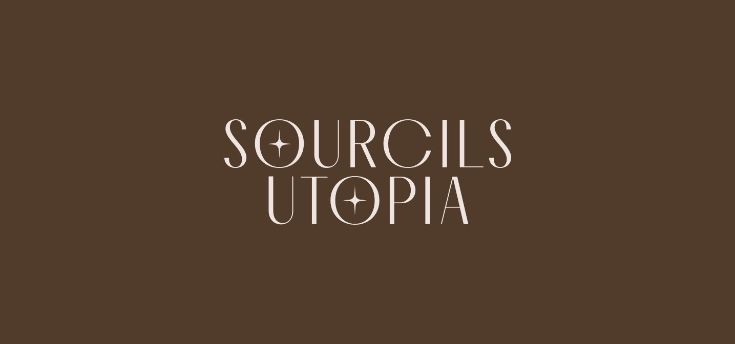 Sourcils Utopia — identidad de marca sobre fondo marrón